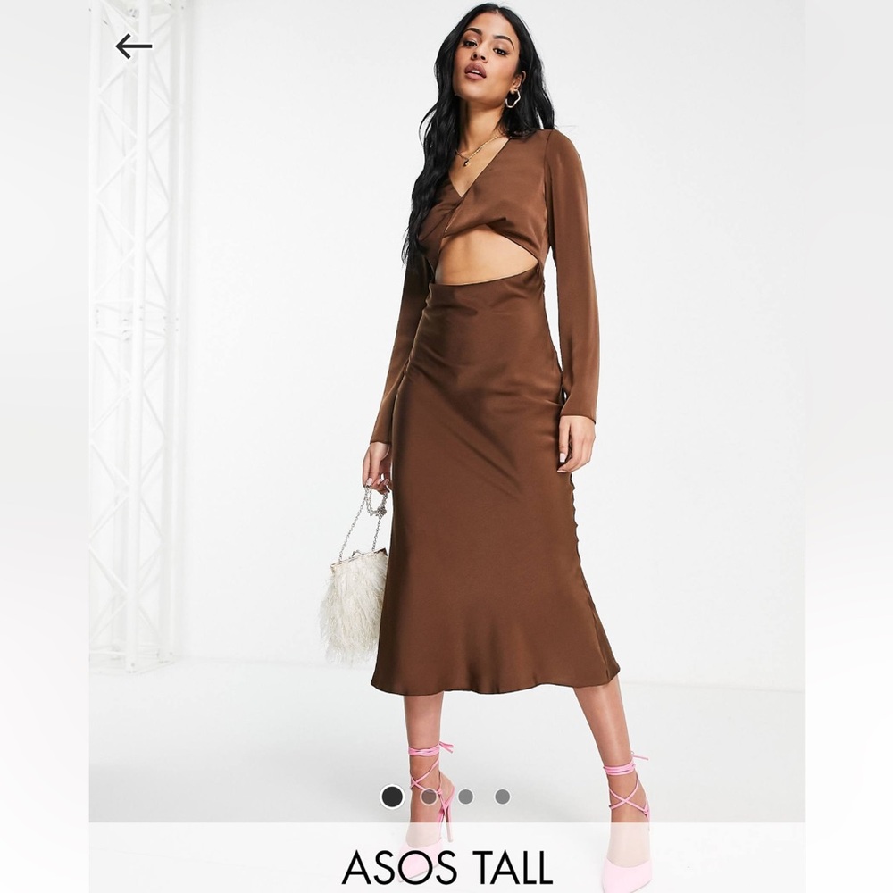 ASOS DESIGN satin midi dress with cowl neck and backless detail in chocolate